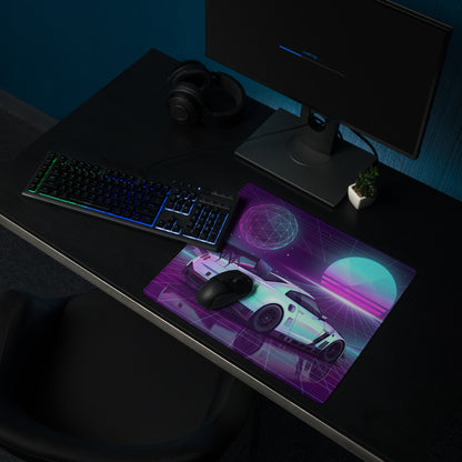 Nissan GT-R R35 Inspired White Vaporwave Gaming Mouse Pad – Neon Purple Cyan Grid Desk Mat with Geometric Mountains, Palm Tree and Synthwave Sunset Art