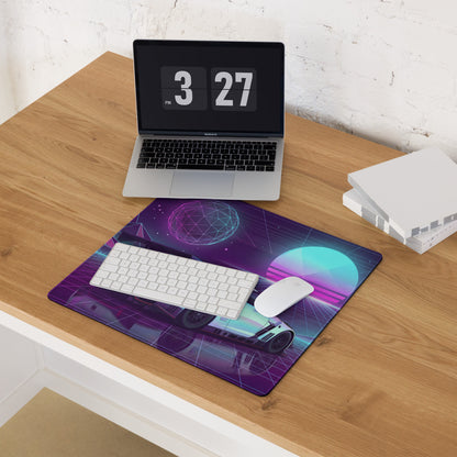 Nissan GT-R R35 Inspired White Vaporwave Gaming Mouse Pad – Neon Purple Cyan Grid Desk Mat with Geometric Mountains, Palm Tree and Synthwave Sunset Art