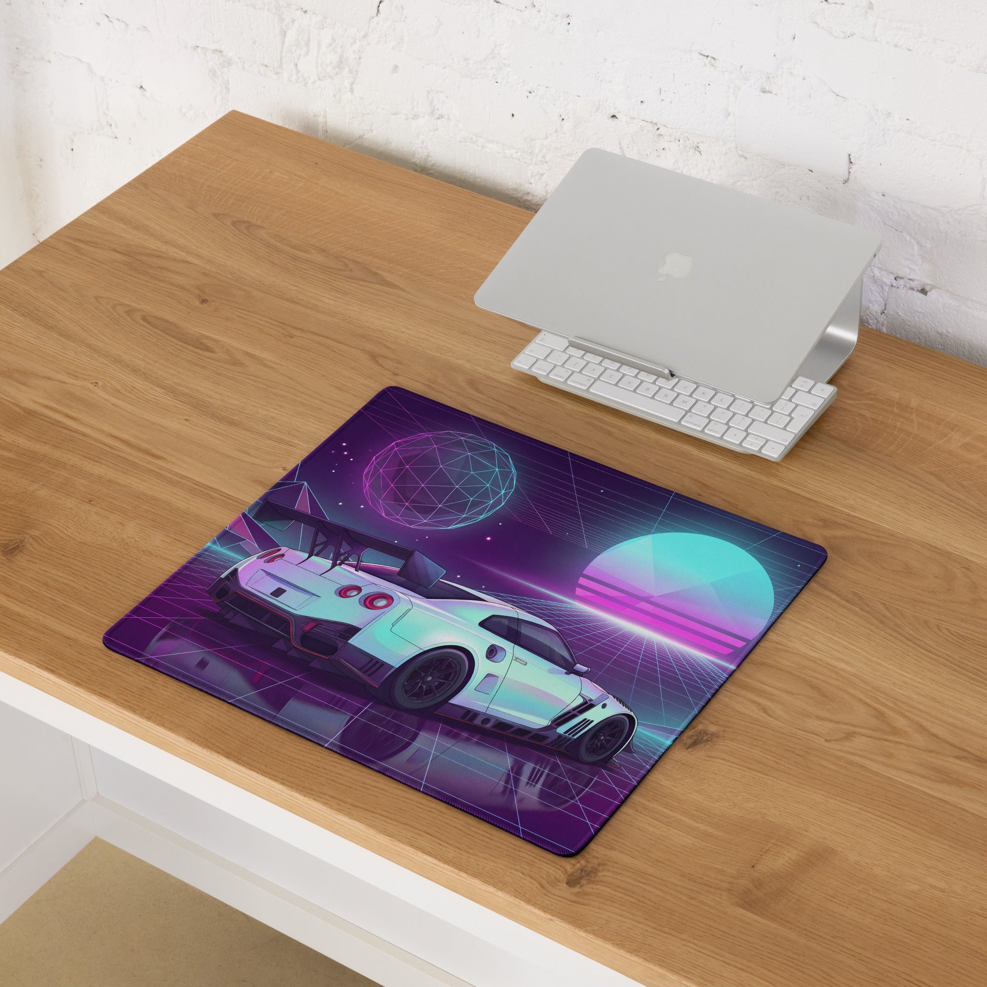 Nissan GT-R R35 Inspired White Vaporwave Gaming Mouse Pad – Neon Purple Cyan Grid Desk Mat with Geometric Mountains, Palm Tree and Synthwave Sunset Art