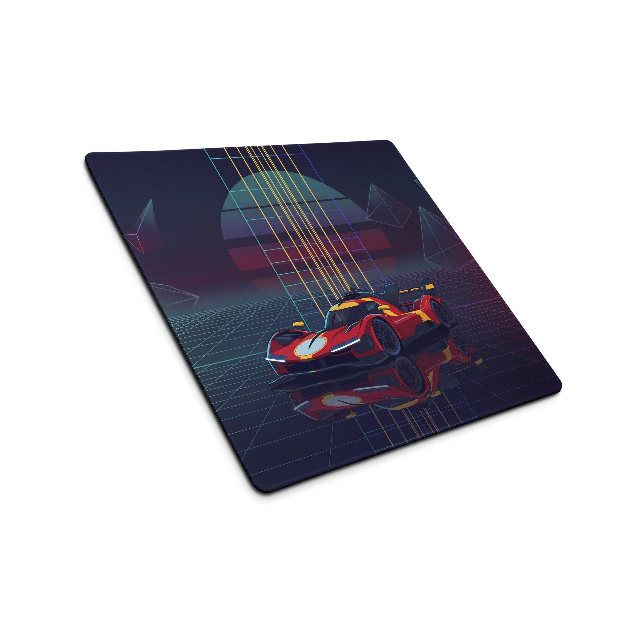 Ferrari 499P Inspired Red Yellow Vaporwave Gaming Mouse Pad – Neon Retro Futuristic Grid Desk Mat with Geometric Shapes and Synthwave Racing Art
