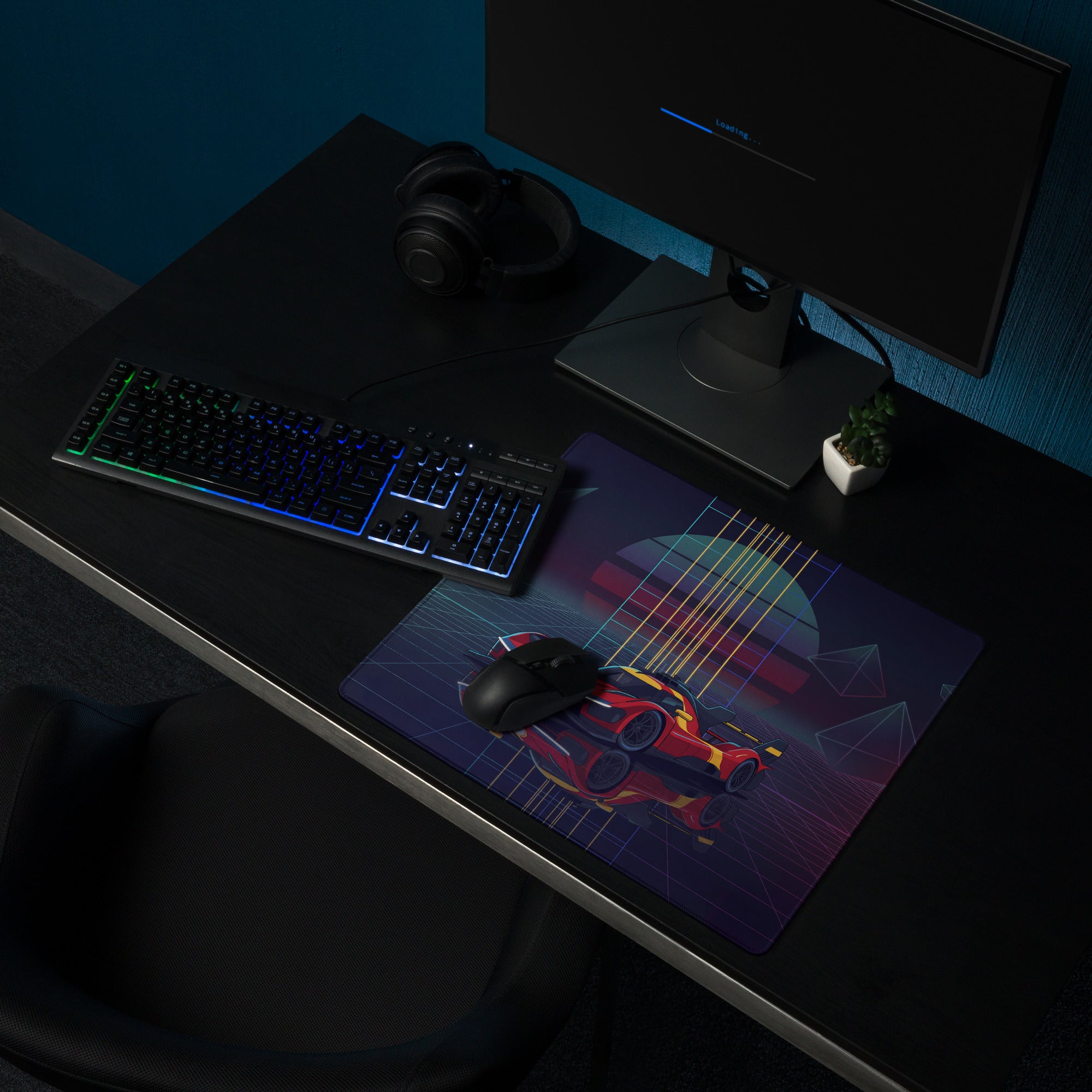 Ferrari 499P Inspired Red Yellow Vaporwave Gaming Mouse Pad – Neon Retro Futuristic Grid Desk Mat with Geometric Shapes and Synthwave Racing Art