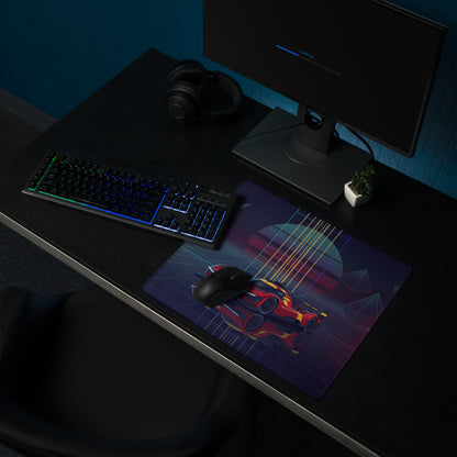 Ferrari 499P Inspired Red Yellow Vaporwave Gaming Mouse Pad – Neon Retro Futuristic Grid Desk Mat with Geometric Shapes and Synthwave Racing Art