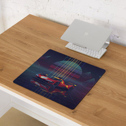 Ferrari 499P Inspired Red Yellow Vaporwave Gaming Mouse Pad – Neon Retro Futuristic Grid Desk Mat with Geometric Shapes and Synthwave Racing Art