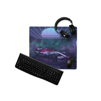 Formula 1 Race Car Inspired Red Silver Vaporwave Gaming Mouse Pad – Neon Purple Crystal Grid Desk Mat with Futuristic Geometric Synthwave Art