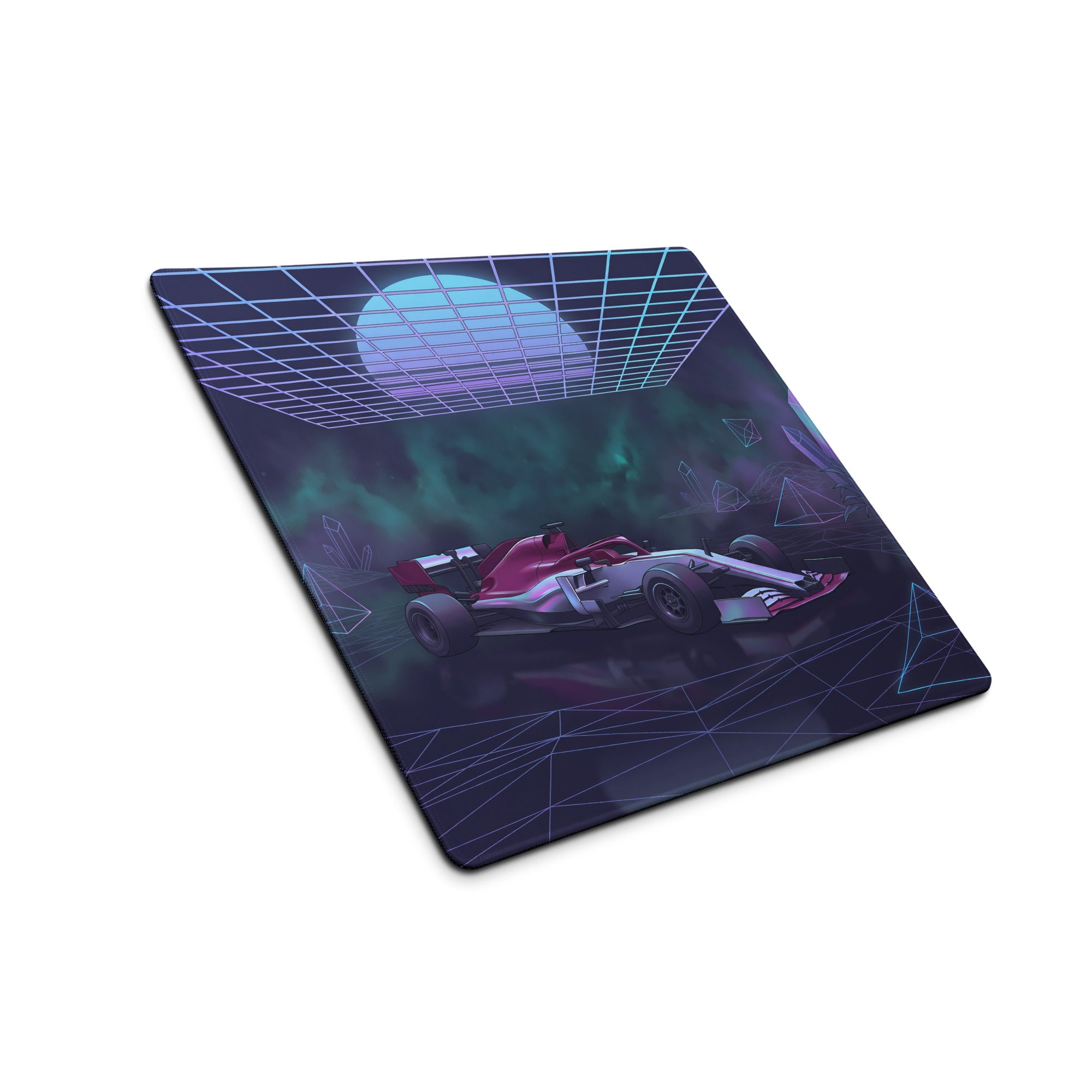 Formula 1 Race Car Inspired Red Silver Vaporwave Gaming Mouse Pad – Neon Purple Crystal Grid Desk Mat with Futuristic Geometric Synthwave Art