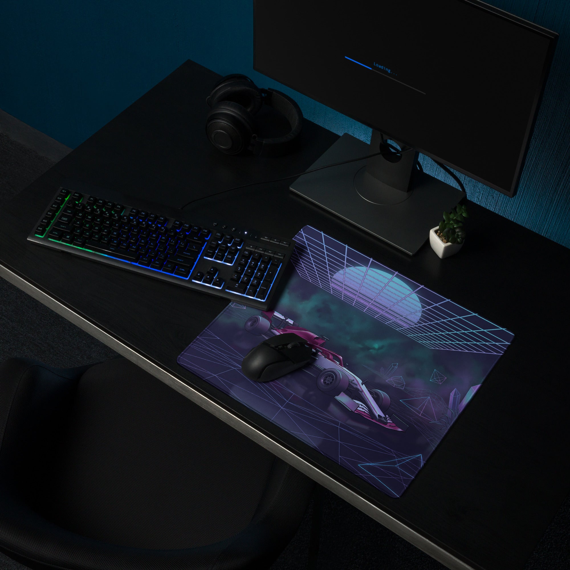 Formula 1 Race Car Inspired Red Silver Vaporwave Gaming Mouse Pad – Neon Purple Crystal Grid Desk Mat with Futuristic Geometric Synthwave Art