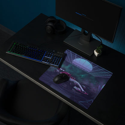 Formula 1 Race Car Inspired Red Silver Vaporwave Gaming Mouse Pad – Neon Purple Crystal Grid Desk Mat with Futuristic Geometric Synthwave Art