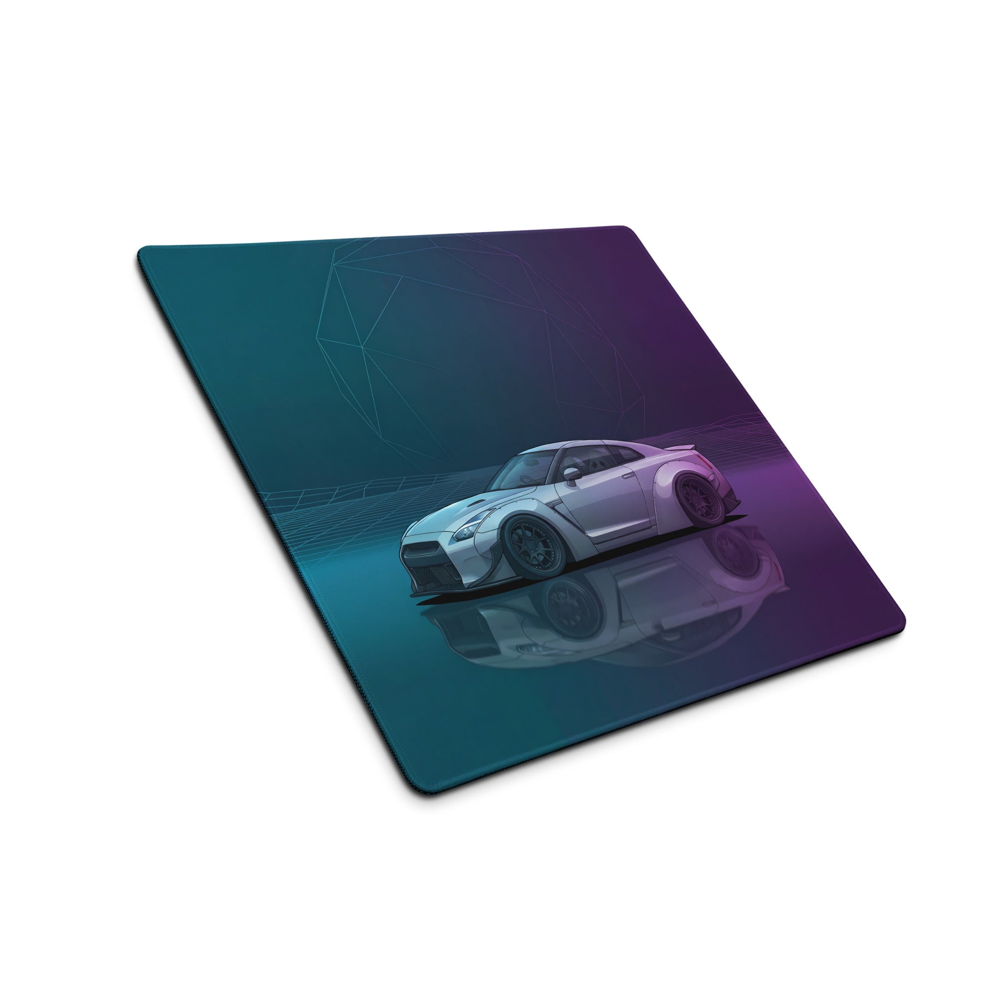 Nissan GT-R R35 Inspired White Vaporwave Gaming Mouse Pad – Moody Teal Purple Neon Grid Desk Mat with Geometric Orb and Retro Synthwave Art