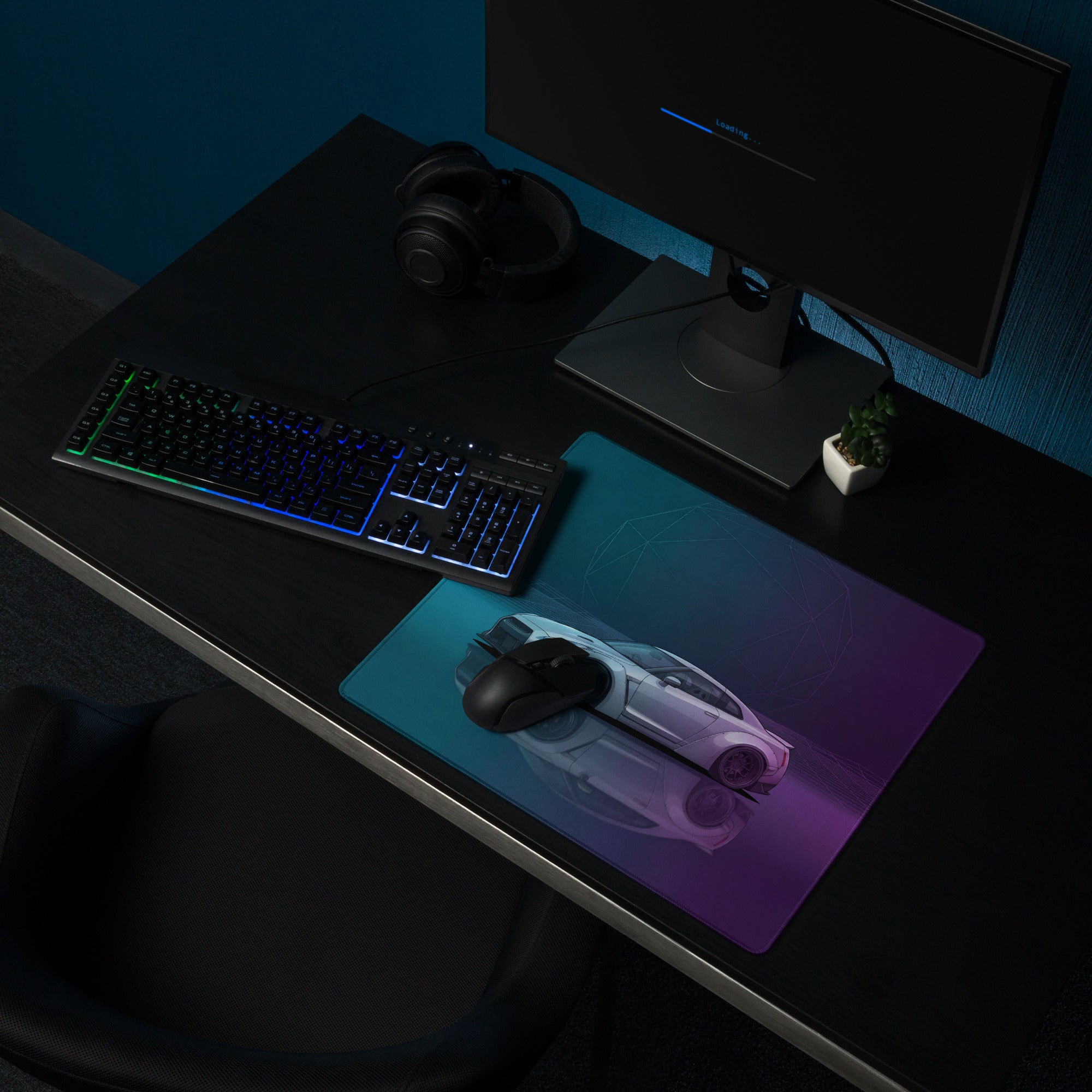 Nissan GT-R R35 Inspired White Vaporwave Gaming Mouse Pad – Moody Teal Purple Neon Grid Desk Mat with Geometric Orb and Retro Synthwave Art
