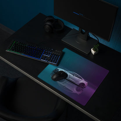 Nissan GT-R R35 Inspired White Vaporwave Gaming Mouse Pad – Moody Teal Purple Neon Grid Desk Mat with Geometric Orb and Retro Synthwave Art