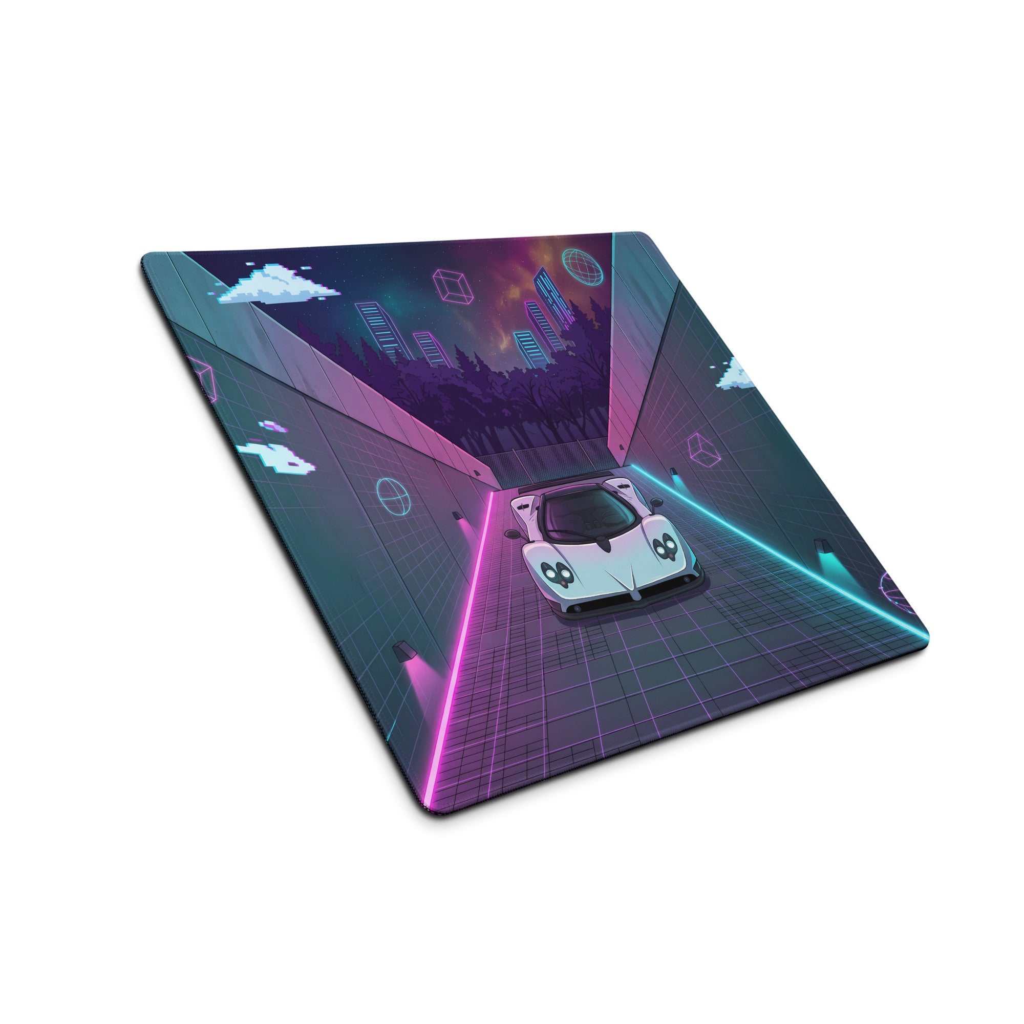 Pagani Zonda Inspired White Vaporwave Gaming Mouse Pad – Neon Pink Cyan Tunnel Desk Mat with Pixel Clouds, Geometric Shapes and Retro Synthwave Art