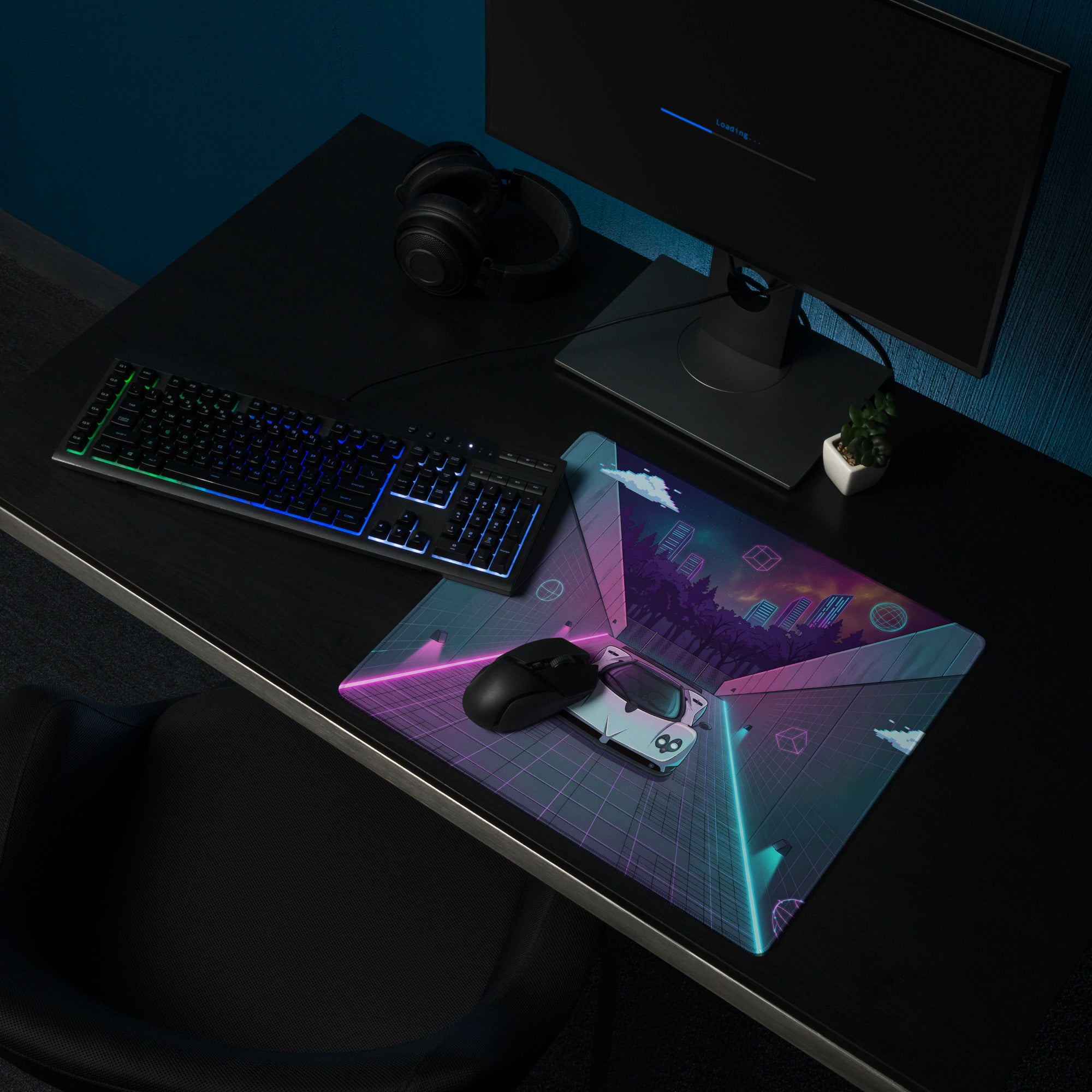 Pagani Zonda Inspired White Vaporwave Gaming Mouse Pad – Neon Pink Cyan Tunnel Desk Mat with Pixel Clouds, Geometric Shapes and Retro Synthwave Art