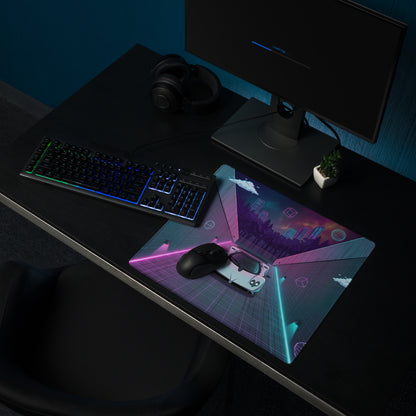 Pagani Zonda Inspired White Vaporwave Gaming Mouse Pad – Neon Pink Cyan Tunnel Desk Mat with Pixel Clouds, Geometric Shapes and Retro Synthwave Art