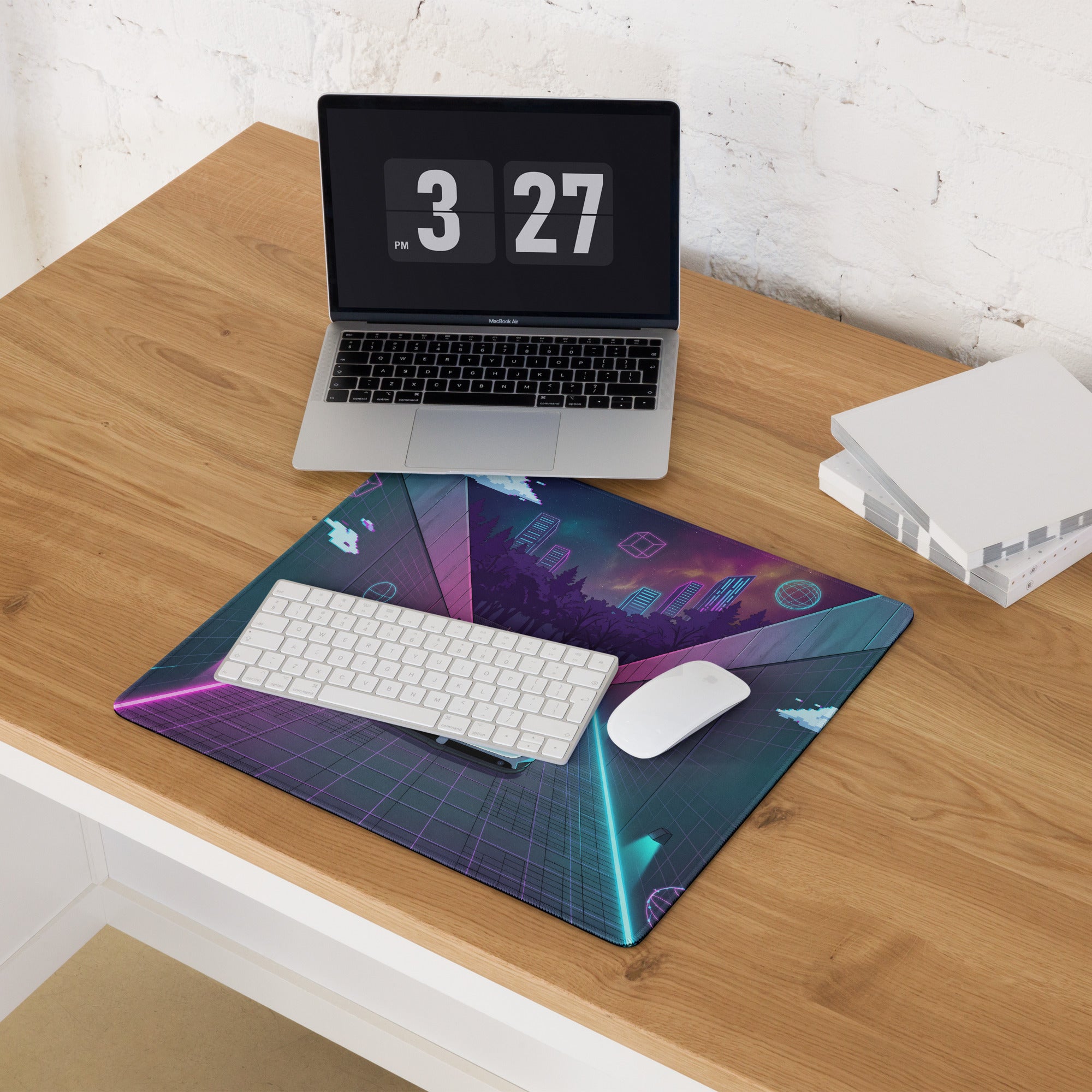 Pagani Zonda Inspired White Vaporwave Gaming Mouse Pad – Neon Pink Cyan Tunnel Desk Mat with Pixel Clouds, Geometric Shapes and Retro Synthwave Art