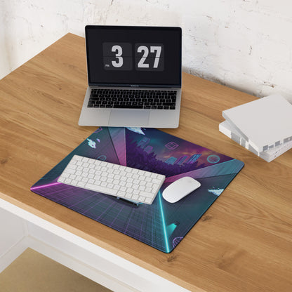 Pagani Zonda Inspired White Vaporwave Gaming Mouse Pad – Neon Pink Cyan Tunnel Desk Mat with Pixel Clouds, Geometric Shapes and Retro Synthwave Art
