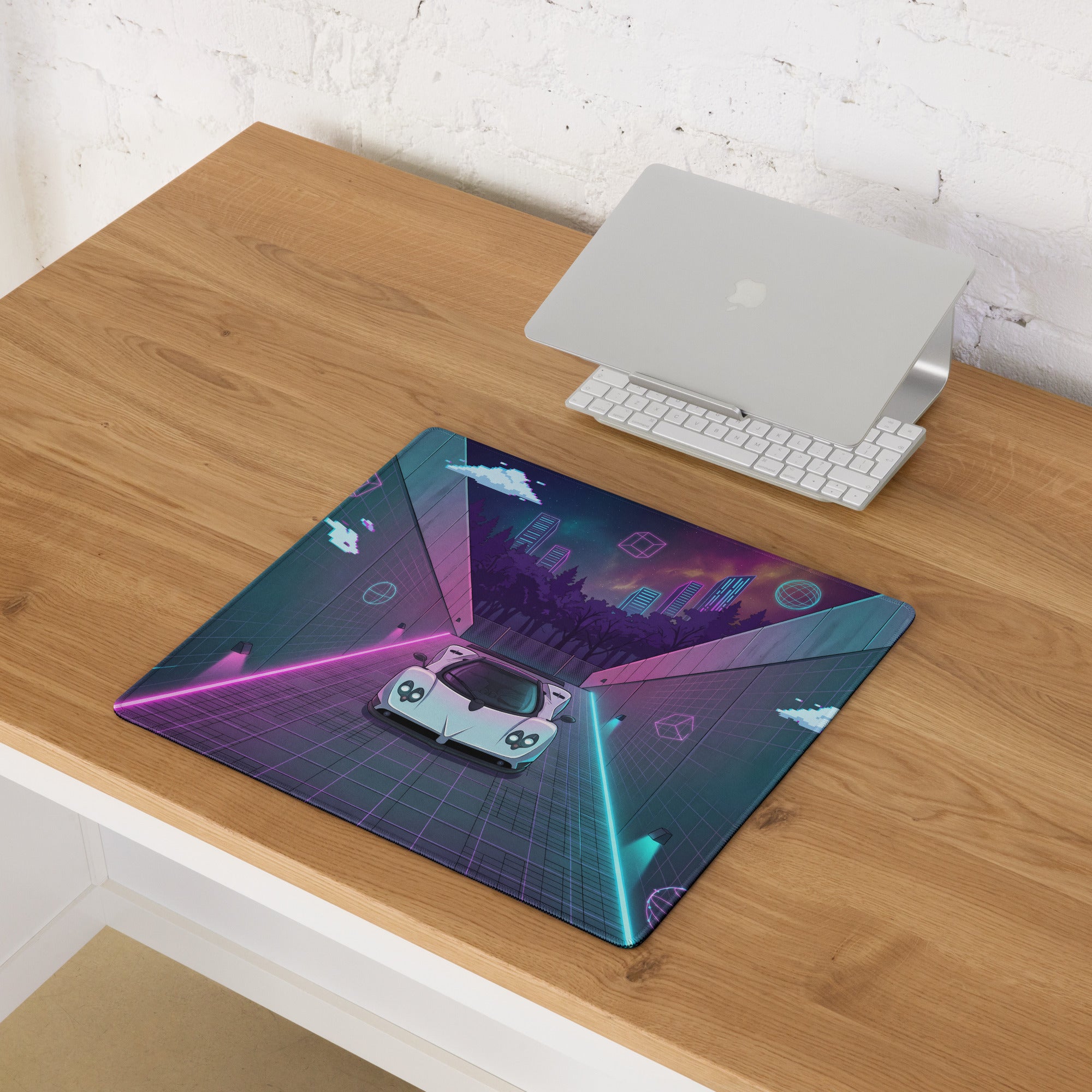 Pagani Zonda Inspired White Vaporwave Gaming Mouse Pad – Neon Pink Cyan Tunnel Desk Mat with Pixel Clouds, Geometric Shapes and Retro Synthwave Art