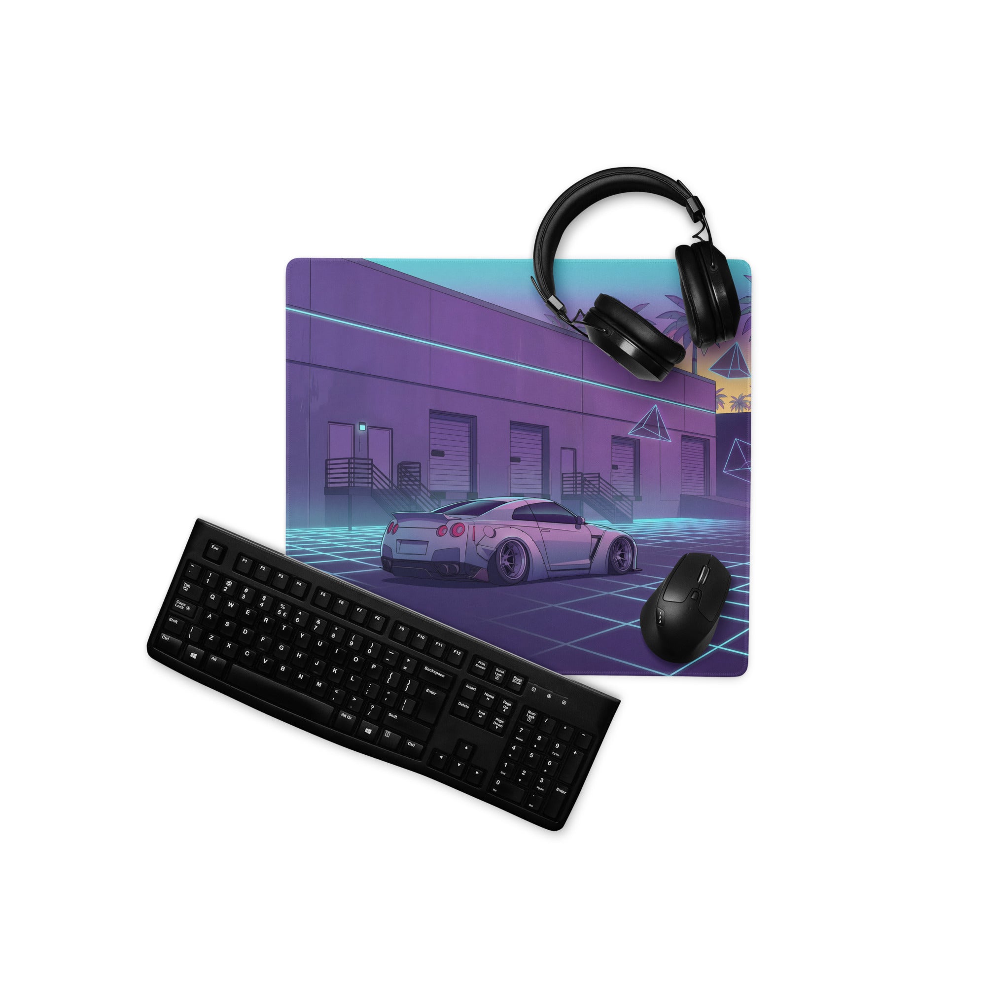 Nissan GT-R R35 Inspired Silver Vaporwave Gaming Mouse Pad – Neon Cyan Grid Warehouse Desk Mat with Palm Trees and Retro Futuristic Synthwave Art