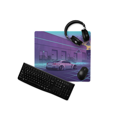 Nissan GT-R R35 Inspired Silver Vaporwave Gaming Mouse Pad – Neon Cyan Grid Warehouse Desk Mat with Palm Trees and Retro Futuristic Synthwave Art