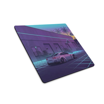 Nissan GT-R R35 Inspired Silver Vaporwave Gaming Mouse Pad – Neon Cyan Grid Warehouse Desk Mat with Palm Trees and Retro Futuristic Synthwave Art