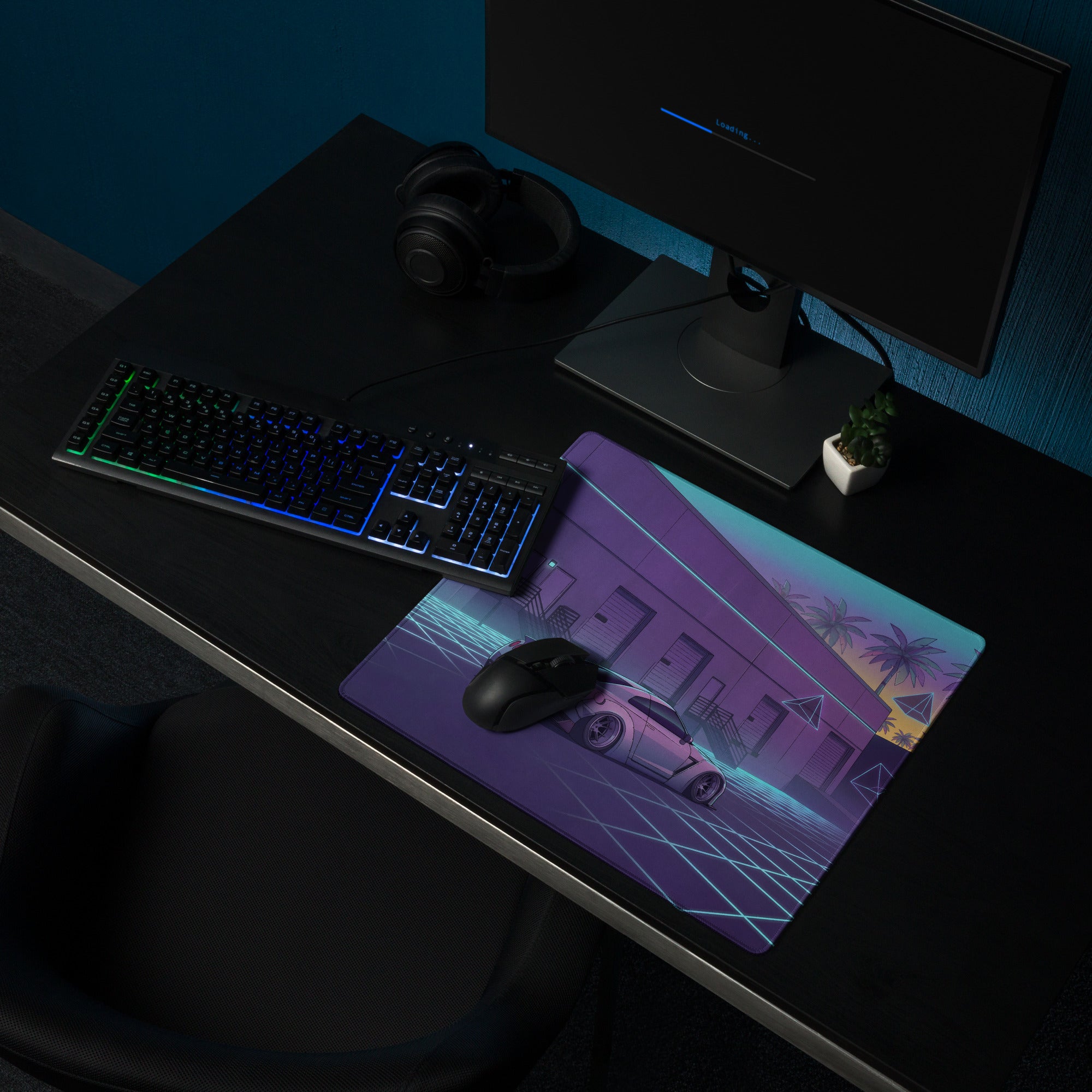 Nissan GT-R R35 Inspired Silver Vaporwave Gaming Mouse Pad – Neon Cyan Grid Warehouse Desk Mat with Palm Trees and Retro Futuristic Synthwave Art