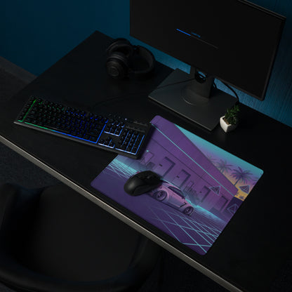 Nissan GT-R R35 Inspired Silver Vaporwave Gaming Mouse Pad – Neon Cyan Grid Warehouse Desk Mat with Palm Trees and Retro Futuristic Synthwave Art