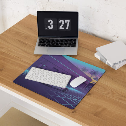 Nissan GT-R R35 Inspired Silver Vaporwave Gaming Mouse Pad – Neon Cyan Grid Warehouse Desk Mat with Palm Trees and Retro Futuristic Synthwave Art