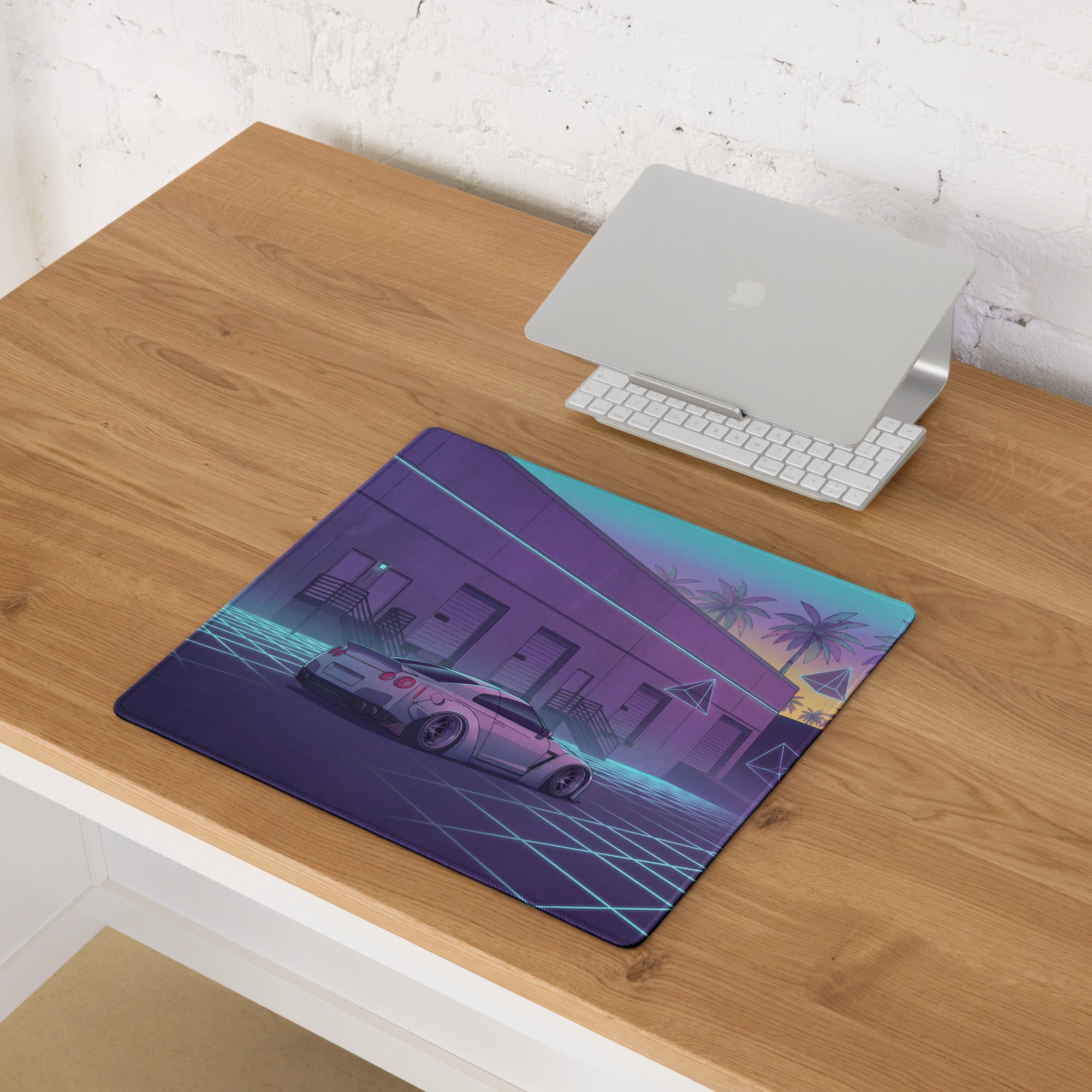 Nissan GT-R R35 Inspired Silver Vaporwave Gaming Mouse Pad – Neon Cyan Grid Warehouse Desk Mat with Palm Trees and Retro Futuristic Synthwave Art
