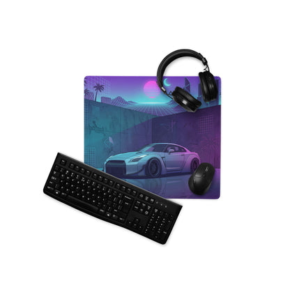 Nissan GT-R R35 Inspired Silver Vaporwave Gaming Mouse Pad – Neon Cyan Purple City Grid Desk Mat with Palm Trees and Retro Futuristic Synthwave Art