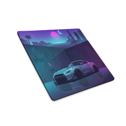 Nissan GT-R R35 Inspired Silver Vaporwave Gaming Mouse Pad – Neon Cyan Purple City Grid Desk Mat with Palm Trees and Retro Futuristic Synthwave Art
