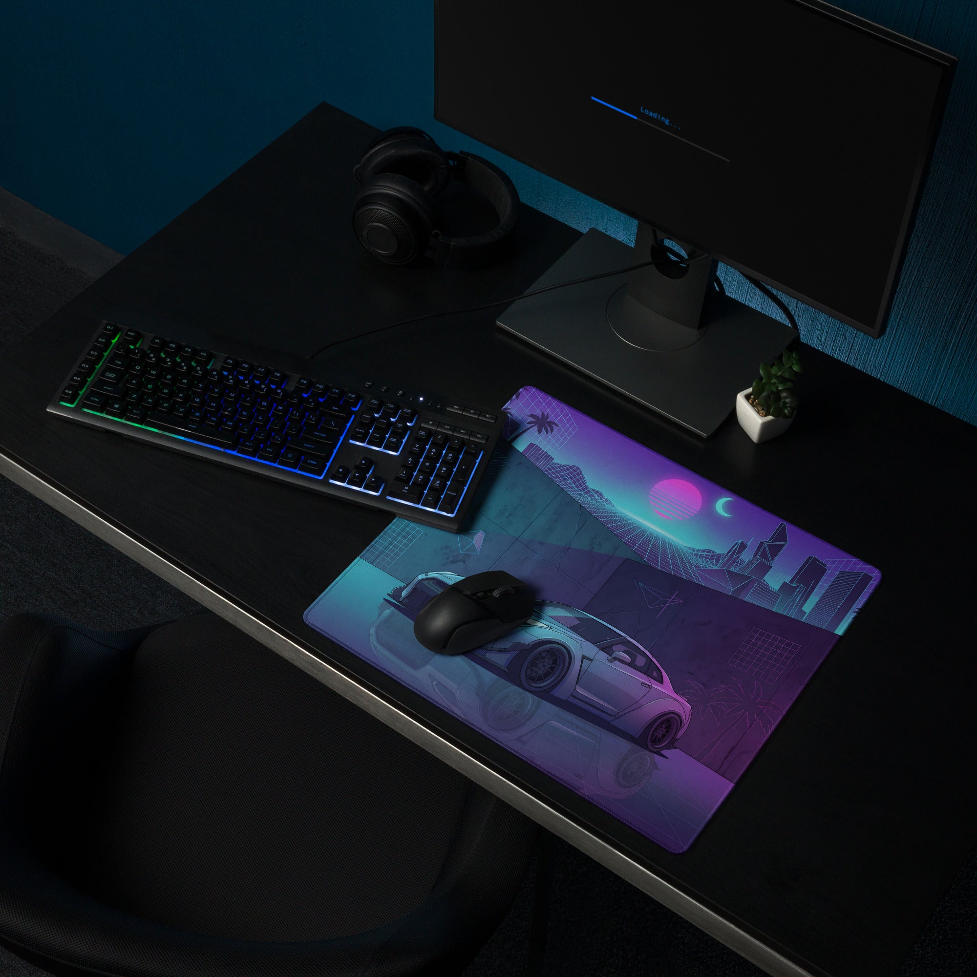 Nissan GT-R R35 Inspired Silver Vaporwave Gaming Mouse Pad – Neon Cyan Purple City Grid Desk Mat with Palm Trees and Retro Futuristic Synthwave Art