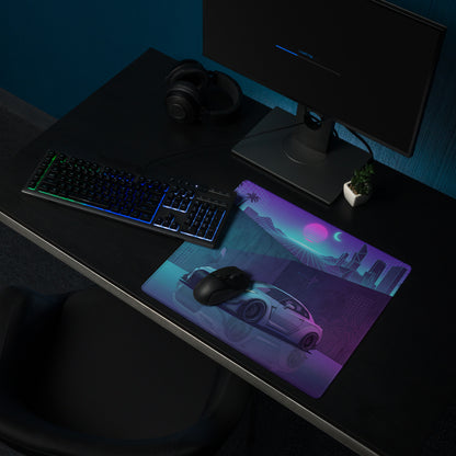 Nissan GT-R R35 Inspired Silver Vaporwave Gaming Mouse Pad – Neon Cyan Purple City Grid Desk Mat with Palm Trees and Retro Futuristic Synthwave Art