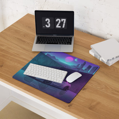 Nissan GT-R R35 Inspired Silver Vaporwave Gaming Mouse Pad – Neon Cyan Purple City Grid Desk Mat with Palm Trees and Retro Futuristic Synthwave Art