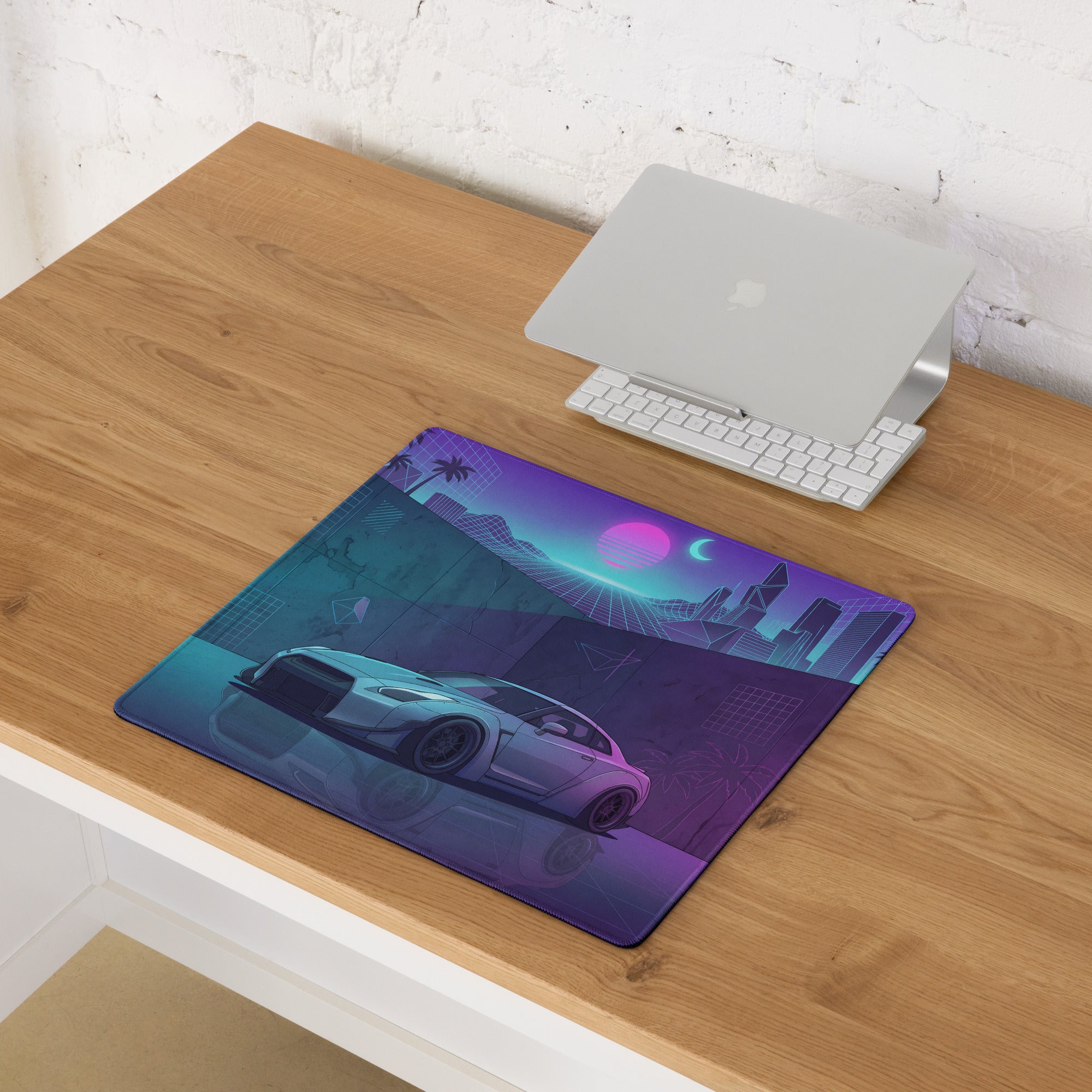 Nissan GT-R R35 Inspired Silver Vaporwave Gaming Mouse Pad – Neon Cyan Purple City Grid Desk Mat with Palm Trees and Retro Futuristic Synthwave Art