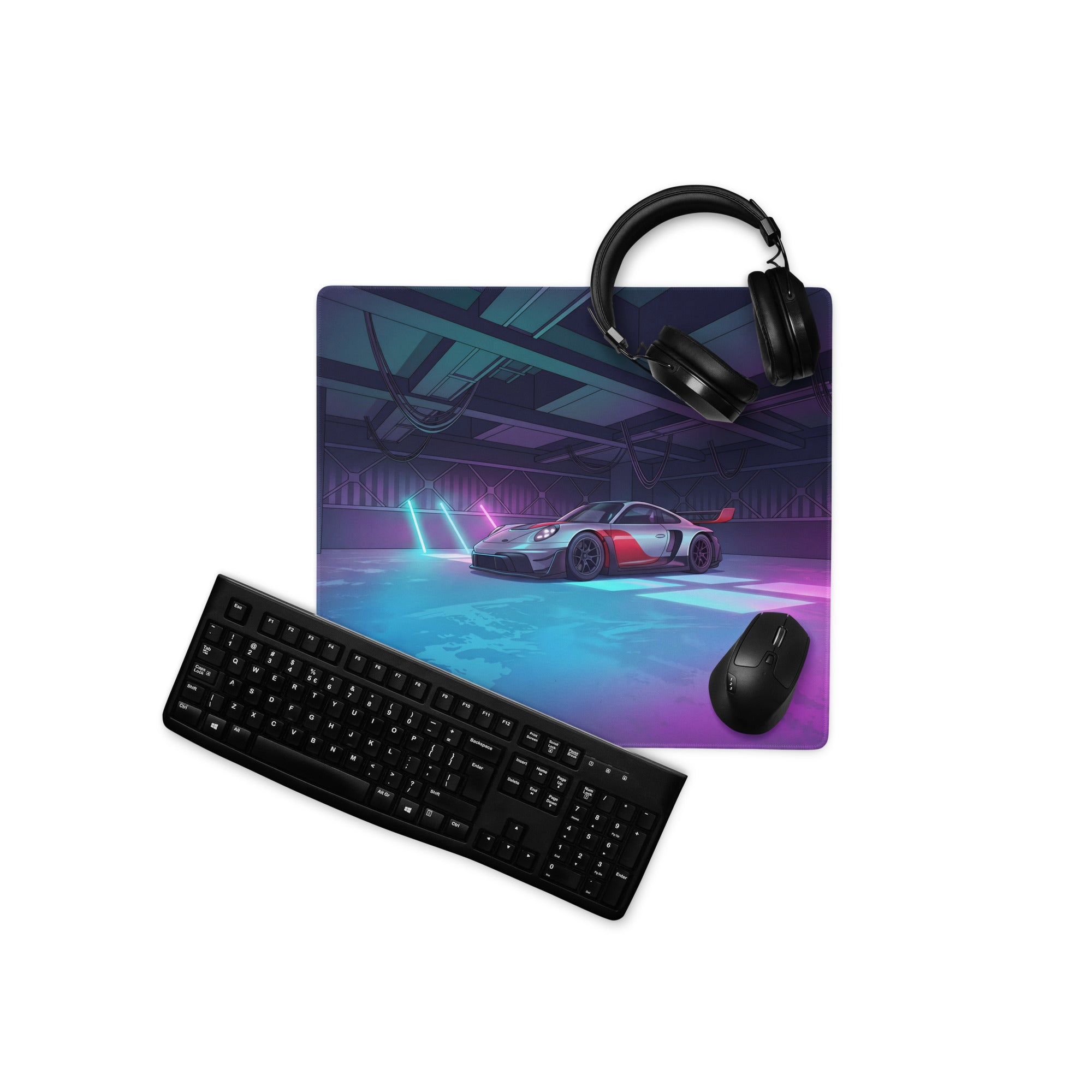 Porsche 911 GT3 R Inspired Silver Red Vaporwave Gaming Mouse Pad – Neon Cyan Pink Garage Desk Mat with Moody Futuristic Lighting and Synthwave Racing Art