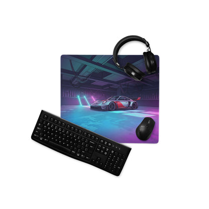 Porsche 911 GT3 R Inspired Silver Red Vaporwave Gaming Mouse Pad – Neon Cyan Pink Garage Desk Mat with Moody Futuristic Lighting and Synthwave Racing Art