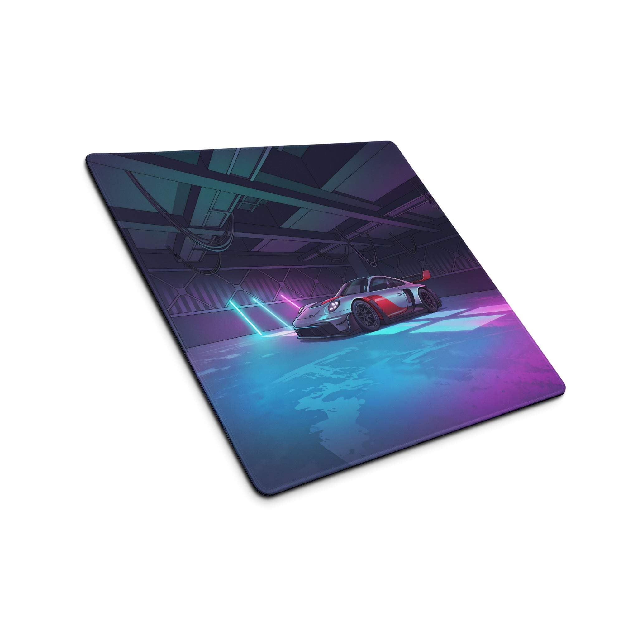 Porsche 911 GT3 R Inspired Silver Red Vaporwave Gaming Mouse Pad – Neon Cyan Pink Garage Desk Mat with Moody Futuristic Lighting and Synthwave Racing Art