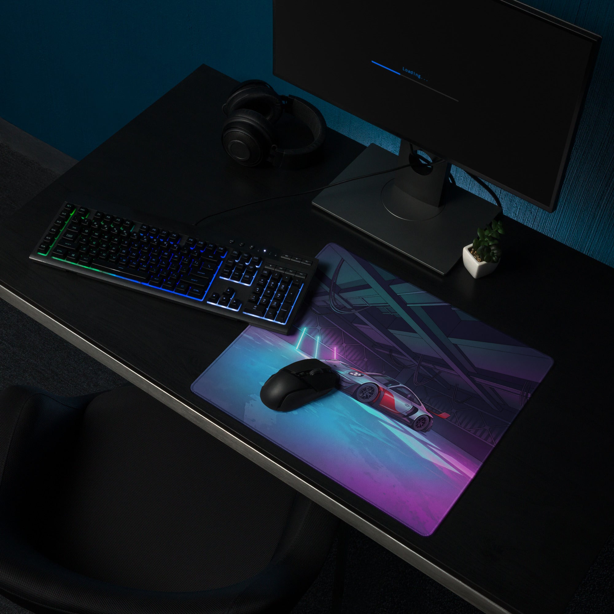 Porsche 911 GT3 R Inspired Silver Red Vaporwave Gaming Mouse Pad – Neon Cyan Pink Garage Desk Mat with Moody Futuristic Lighting and Synthwave Racing Art