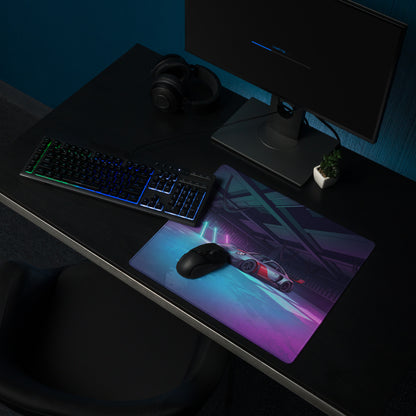 Porsche 911 GT3 R Inspired Silver Red Vaporwave Gaming Mouse Pad – Neon Cyan Pink Garage Desk Mat with Moody Futuristic Lighting and Synthwave Racing Art