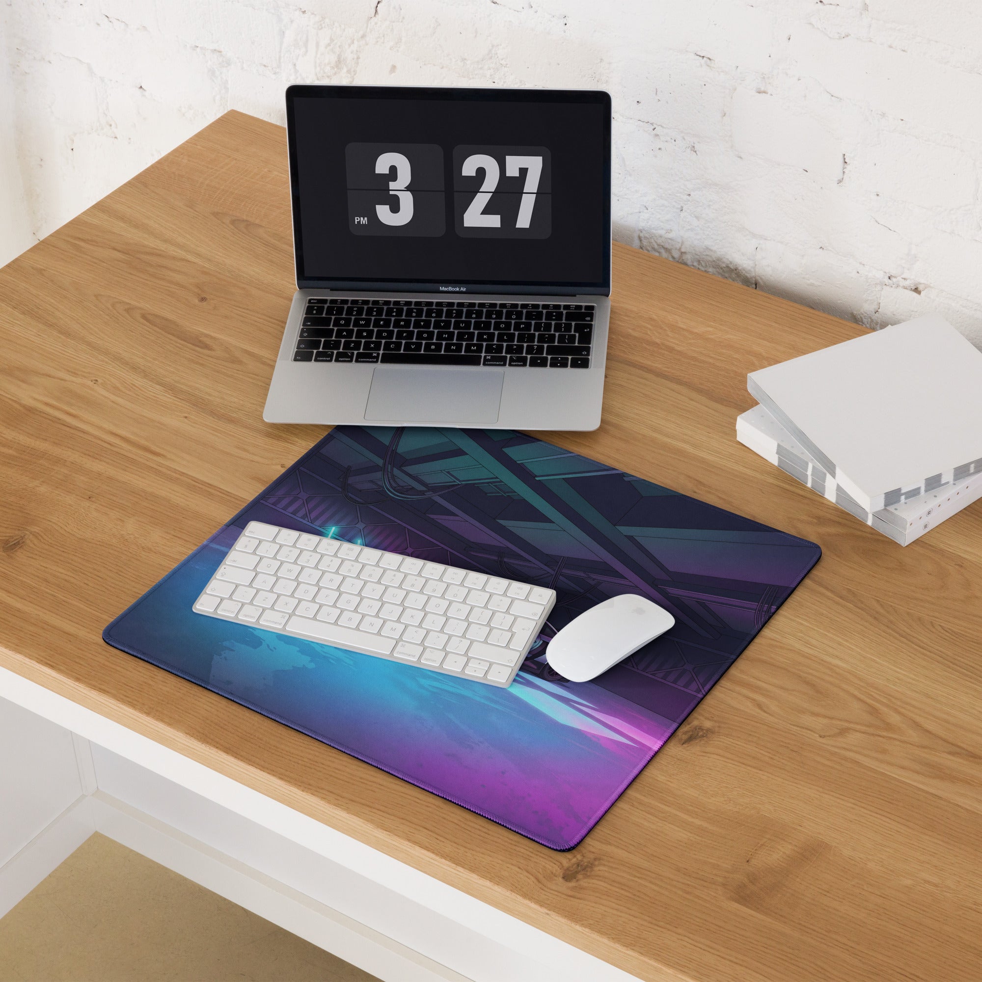 Porsche 911 GT3 R Inspired Silver Red Vaporwave Gaming Mouse Pad – Neon Cyan Pink Garage Desk Mat with Moody Futuristic Lighting and Synthwave Racing Art