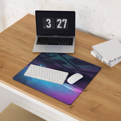 Porsche 911 GT3 R Inspired Silver Red Vaporwave Gaming Mouse Pad – Neon Cyan Pink Garage Desk Mat with Moody Futuristic Lighting and Synthwave Racing Art