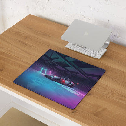 Porsche 911 GT3 R Inspired Silver Red Vaporwave Gaming Mouse Pad – Neon Cyan Pink Garage Desk Mat with Moody Futuristic Lighting and Synthwave Racing Art
