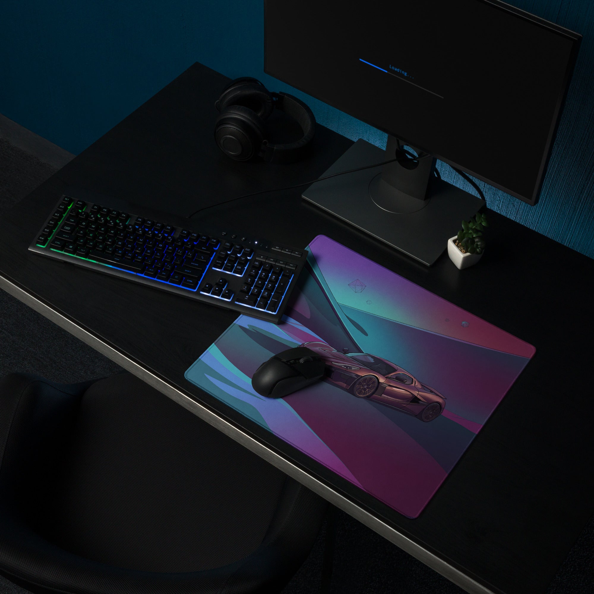 Rimac Nevera Inspired Purple Vaporwave Gaming Mouse Pad – Teal Magenta Abstract Landscape Desk Mat with Futuristic Geometric Synthwave Art