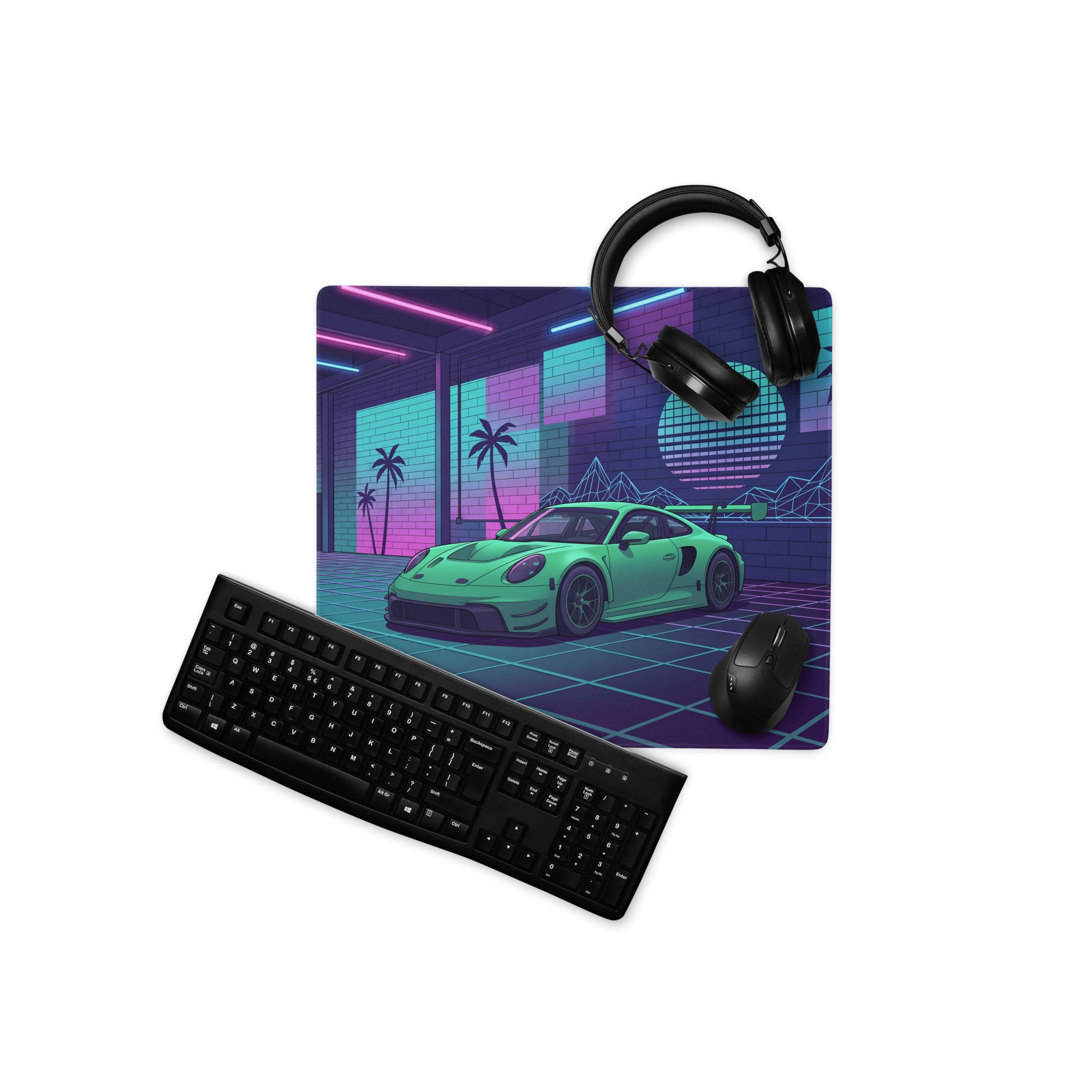 Porsche 911 GT3 R Inspired Green Vaporwave Gaming Mouse Pad – Neon Cyan Pink Garage Desk Mat with Palm Trees, Retro Grid and Synthwave Sunset Art