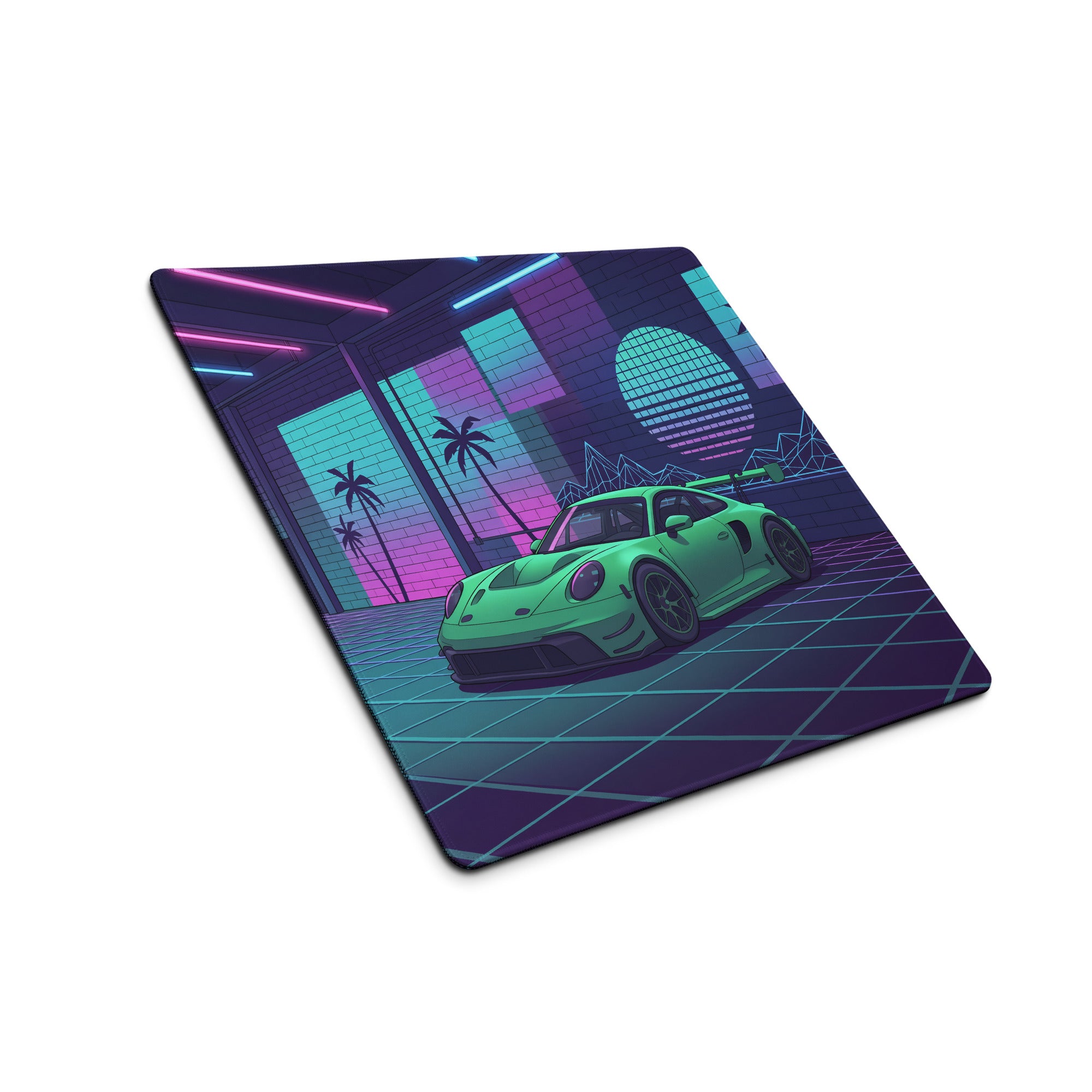 Porsche 911 GT3 R Inspired Green Vaporwave Gaming Mouse Pad – Neon Cyan Pink Garage Desk Mat with Palm Trees, Retro Grid and Synthwave Sunset Art