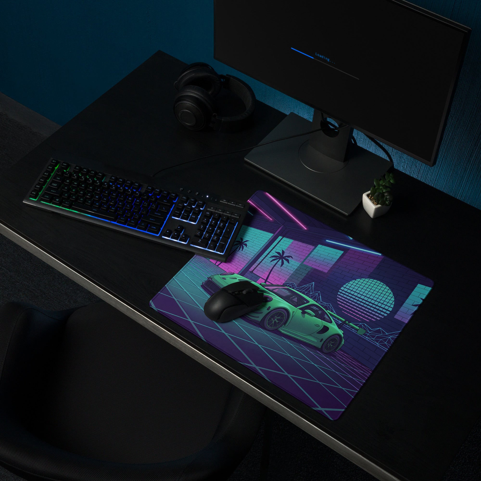 Porsche 911 GT3 R Inspired Green Vaporwave Gaming Mouse Pad – Neon Cyan Pink Garage Desk Mat with Palm Trees, Retro Grid and Synthwave Sunset Art