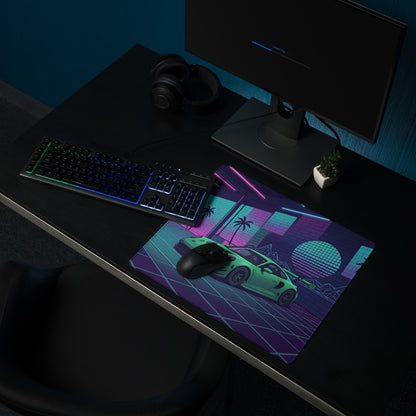 Porsche 911 GT3 R Inspired Green Vaporwave Gaming Mouse Pad – Neon Cyan Pink Garage Desk Mat with Palm Trees, Retro Grid and Synthwave Sunset Art