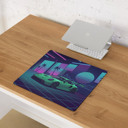 Porsche 911 GT3 R Inspired Green Vaporwave Gaming Mouse Pad – Neon Cyan Pink Garage Desk Mat with Palm Trees, Retro Grid and Synthwave Sunset Art