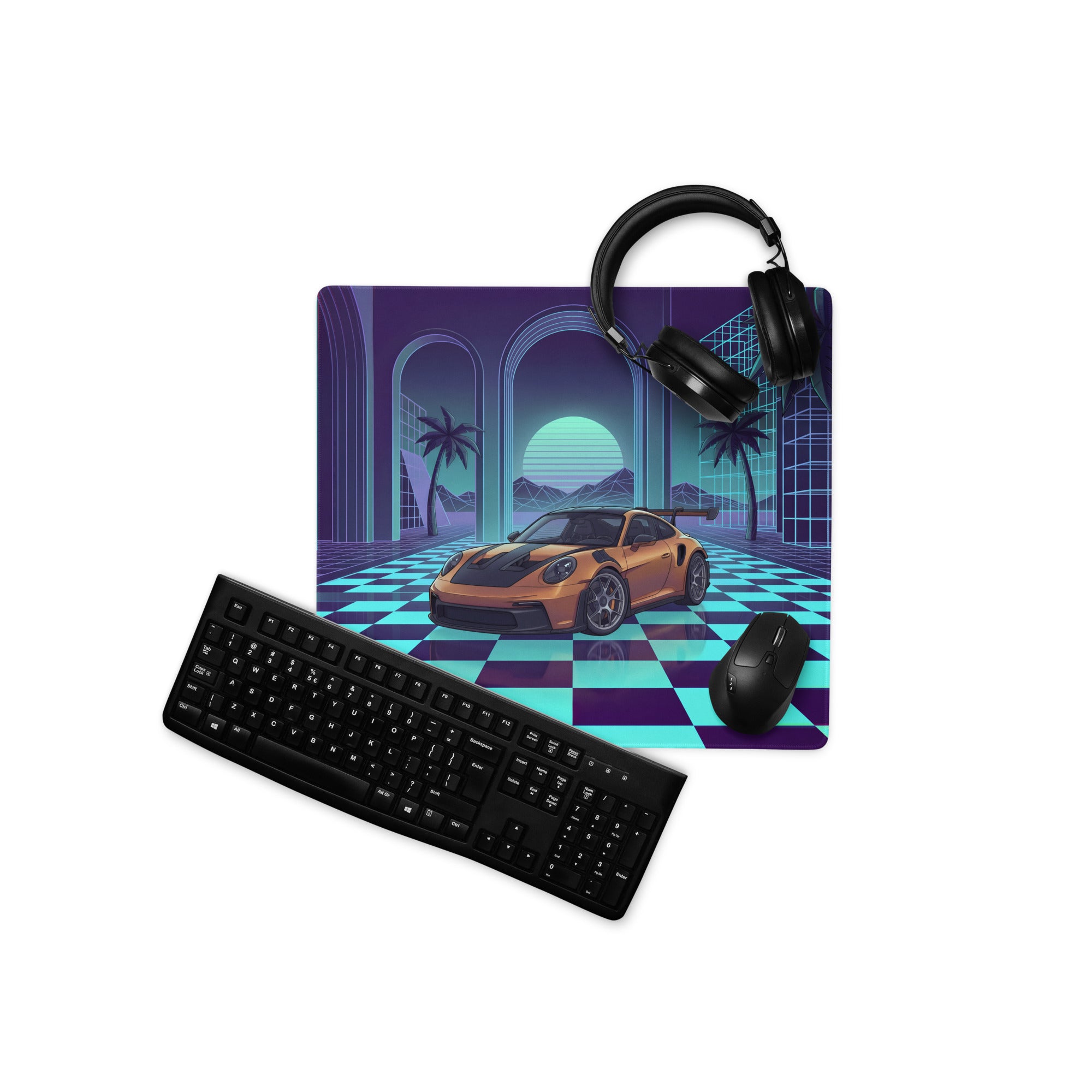 Porsche 911 GT3 R Inspired Bronze Vaporwave Gaming Mouse Pad – Neon Cyan Checkerboard Palace Desk Mat with Palm Trees and Retro Synthwave Sunset Art