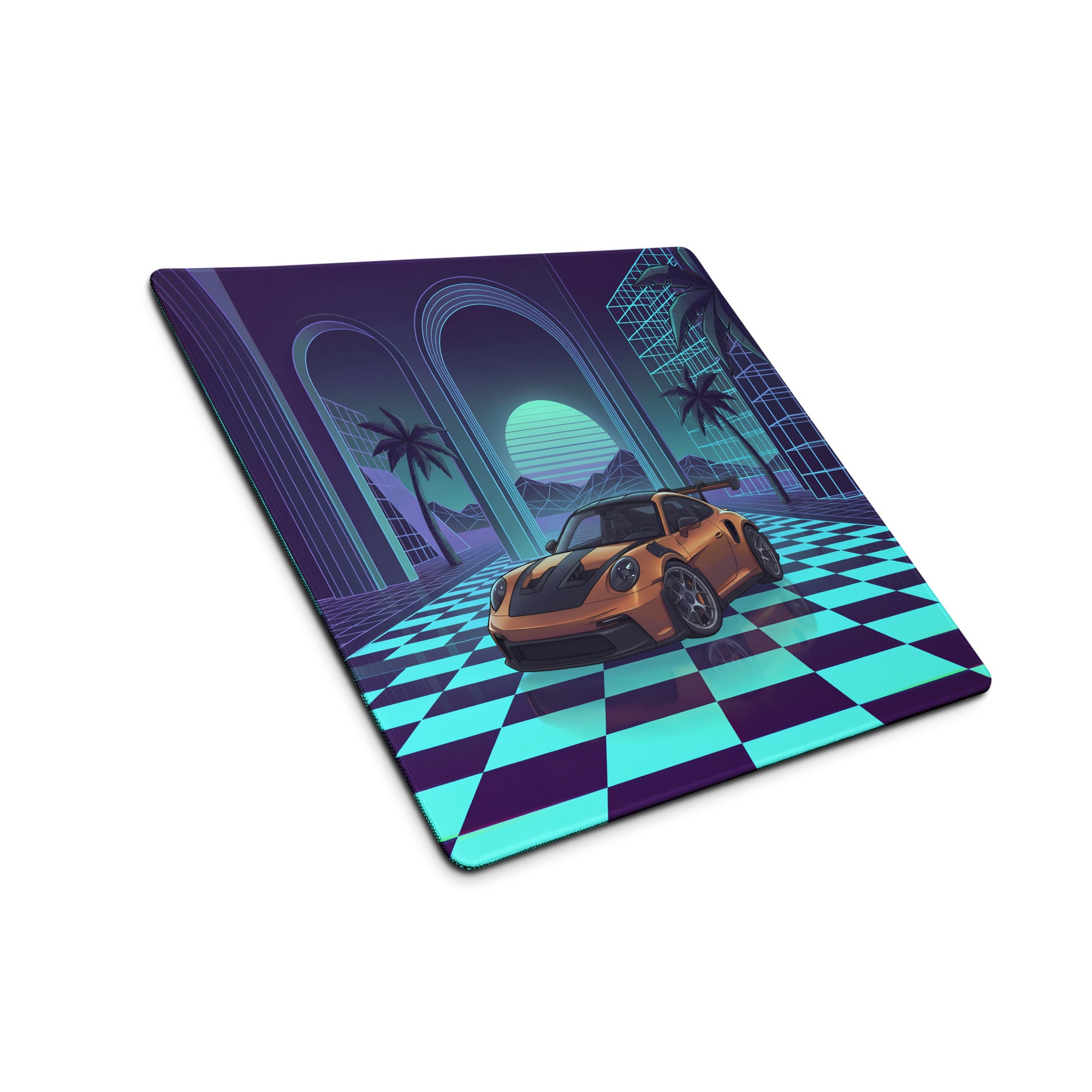 Porsche 911 GT3 R Inspired Bronze Vaporwave Gaming Mouse Pad – Neon Cyan Checkerboard Palace Desk Mat with Palm Trees and Retro Synthwave Sunset Art