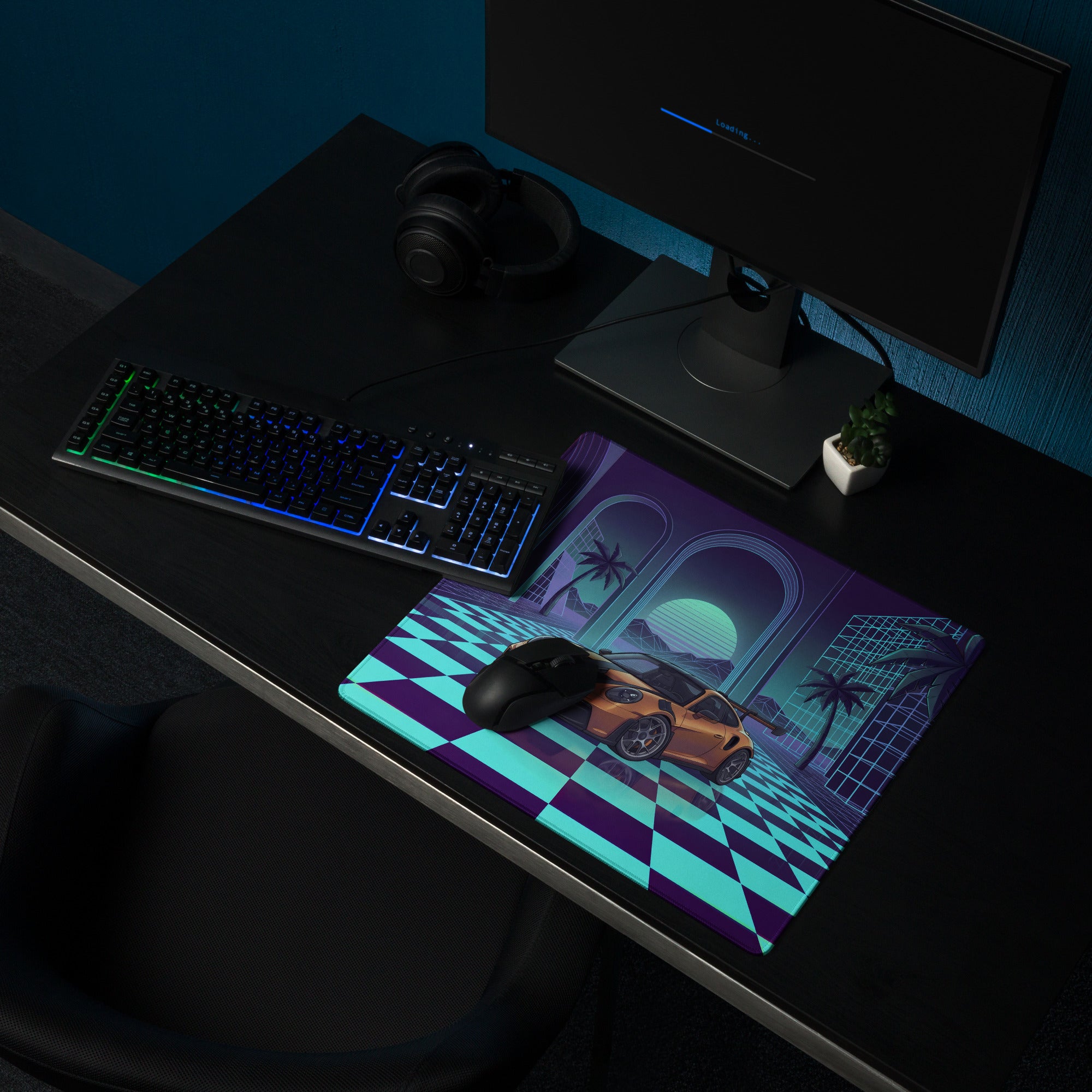 Porsche 911 GT3 R Inspired Bronze Vaporwave Gaming Mouse Pad – Neon Cyan Checkerboard Palace Desk Mat with Palm Trees and Retro Synthwave Sunset Art